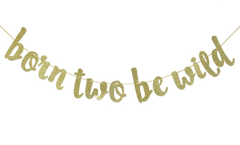 FOZEE Born Two Be Wild Glitter Banner, Two Years Old Banner, 2nd Birthday Party Decor (Gold) - Image 1